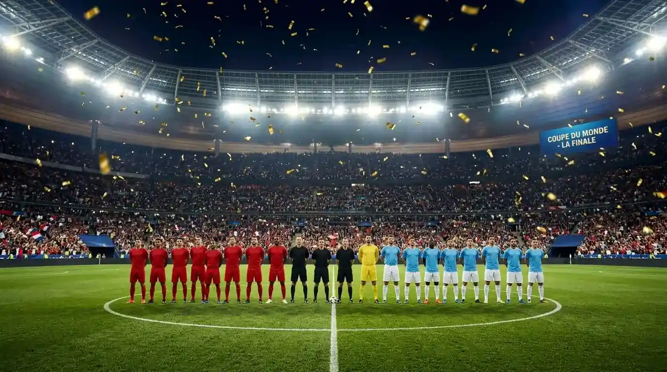 Deux équipes alignées au centre d'un stade plein et illuminé avant la finale, confettis dorés dans l'air