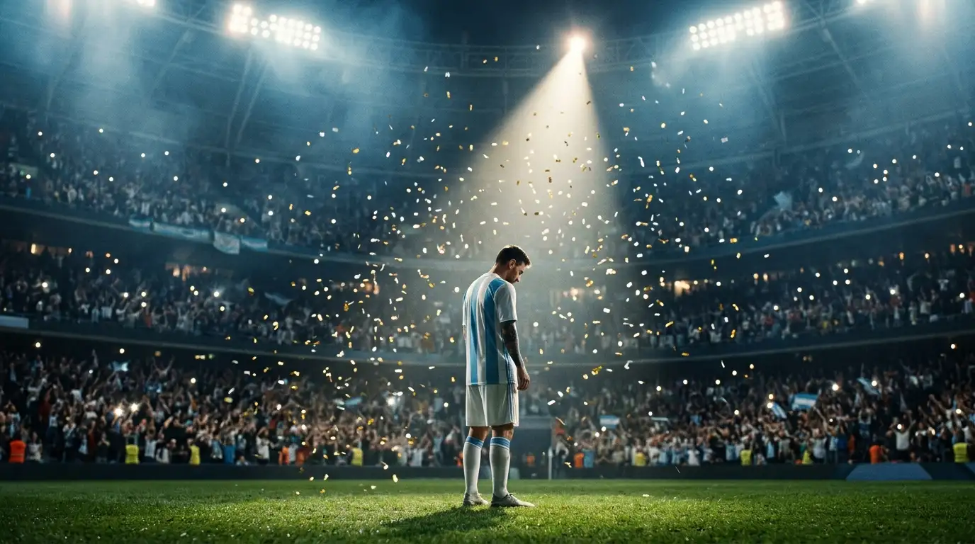 Un stade plein et illuminé avant une finale de Coupe du monde, une seule silhouette de joueur en bleu ciel et blanc au centre