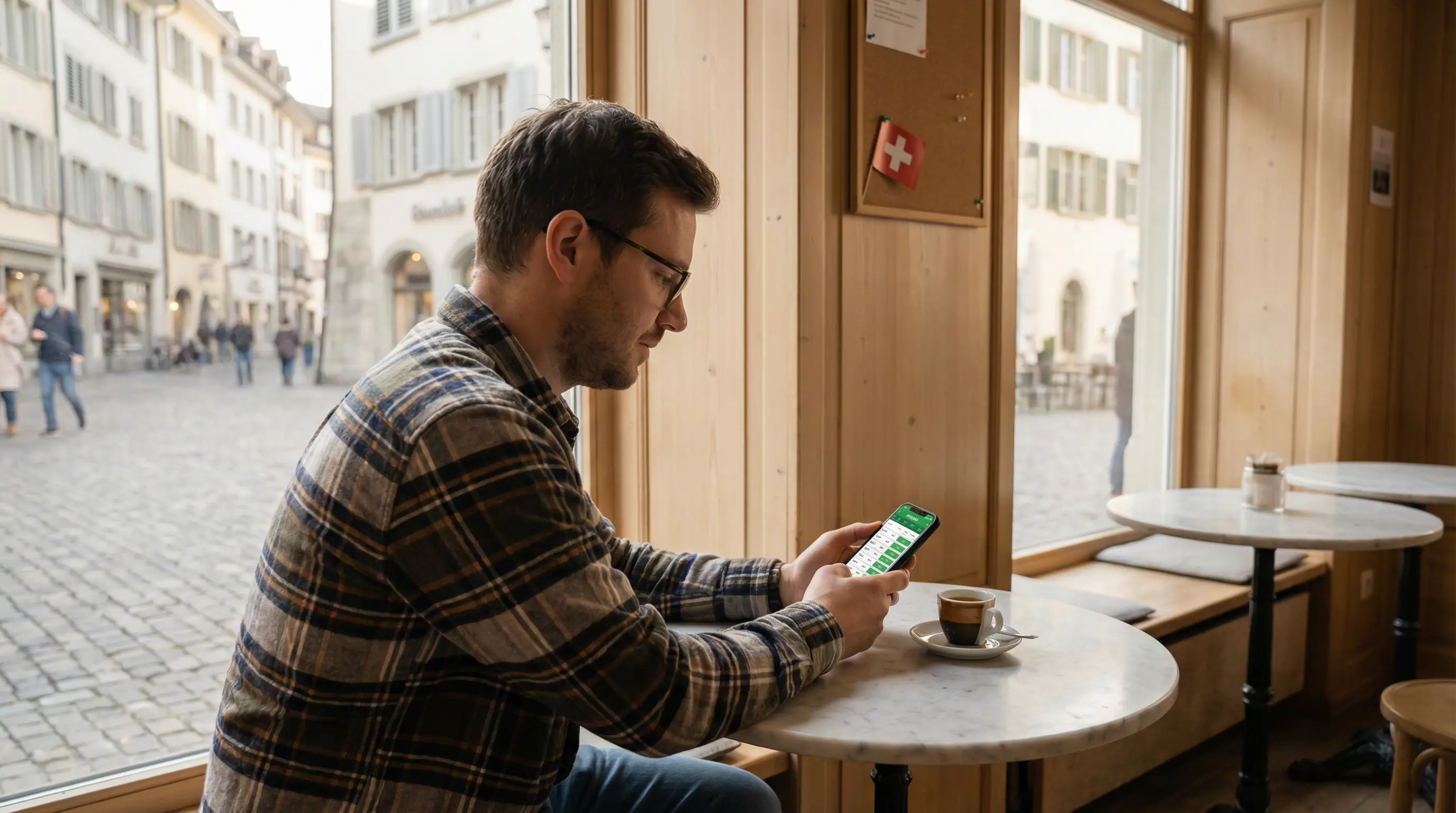 Fan de football consultant les cotes de paris sportifs sur son téléphone dans un café suisse