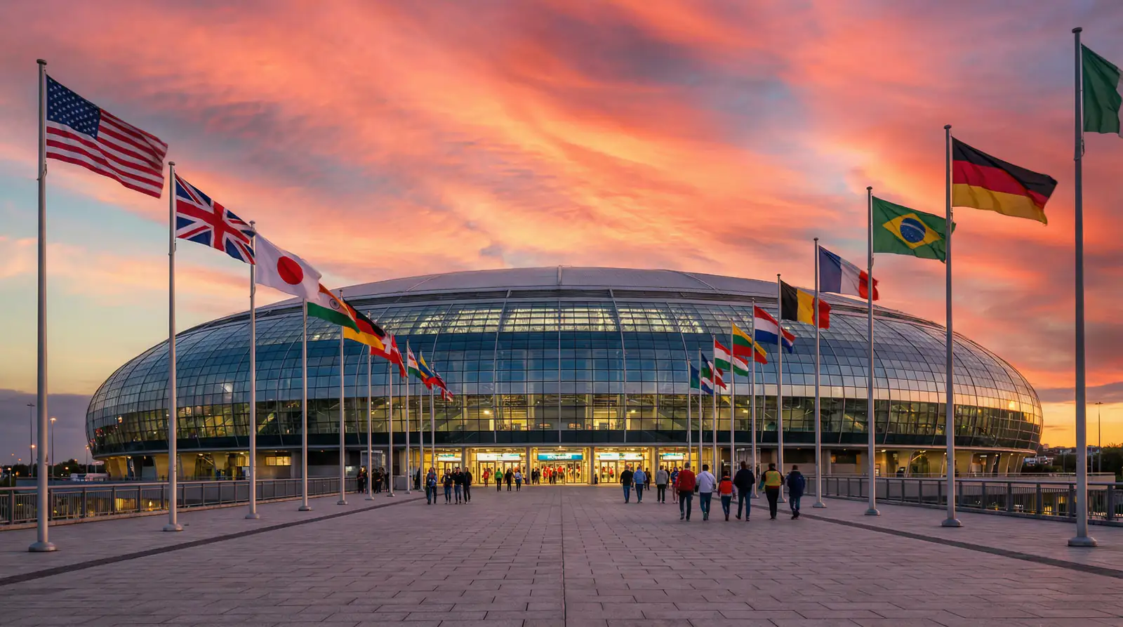 Stade de football moderne vu de l'extérieur au coucher du soleil avec des drapeaux internationaux