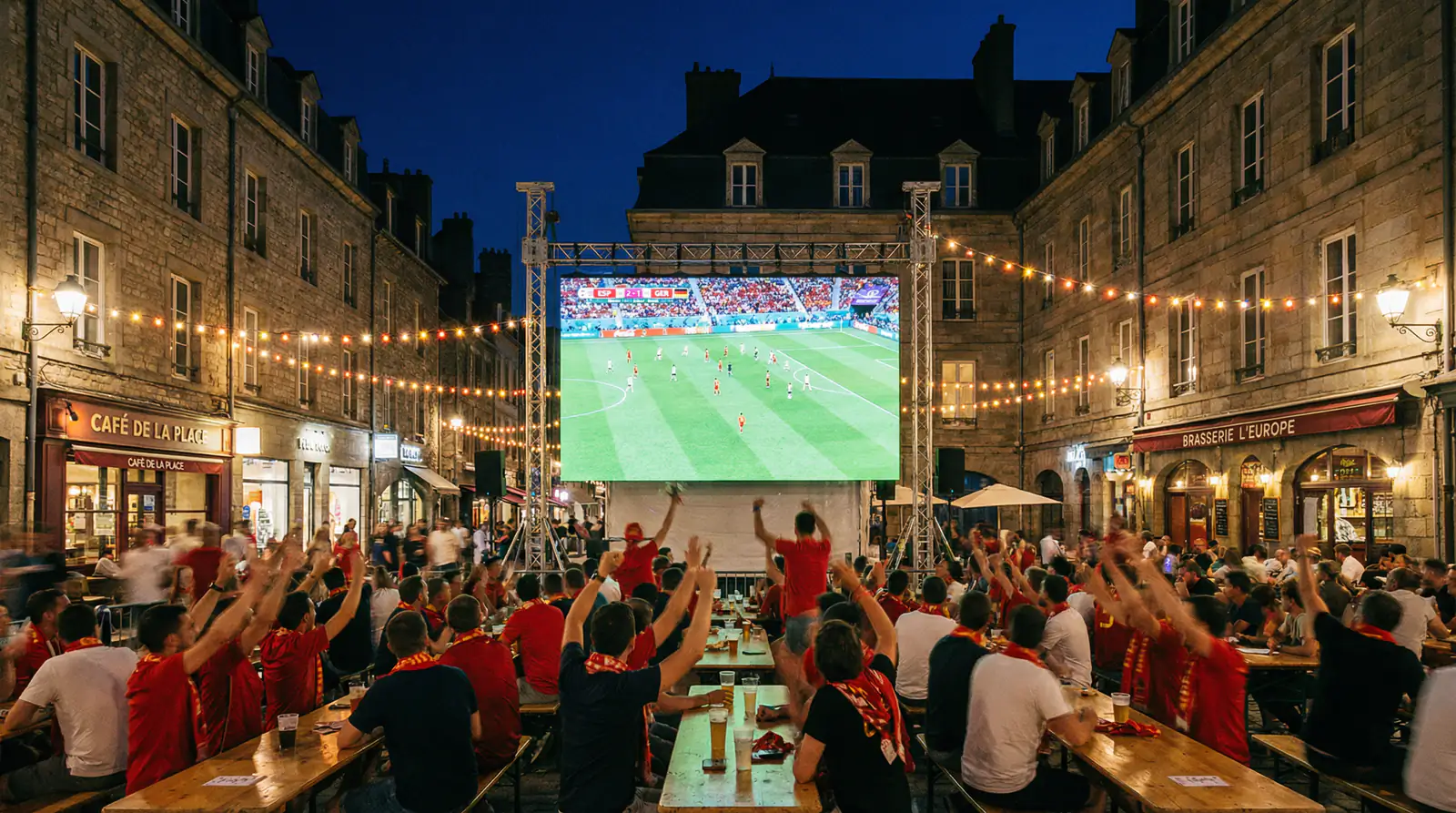 Supporters réunis en soirée devant un écran géant diffusant un match de football en direct
